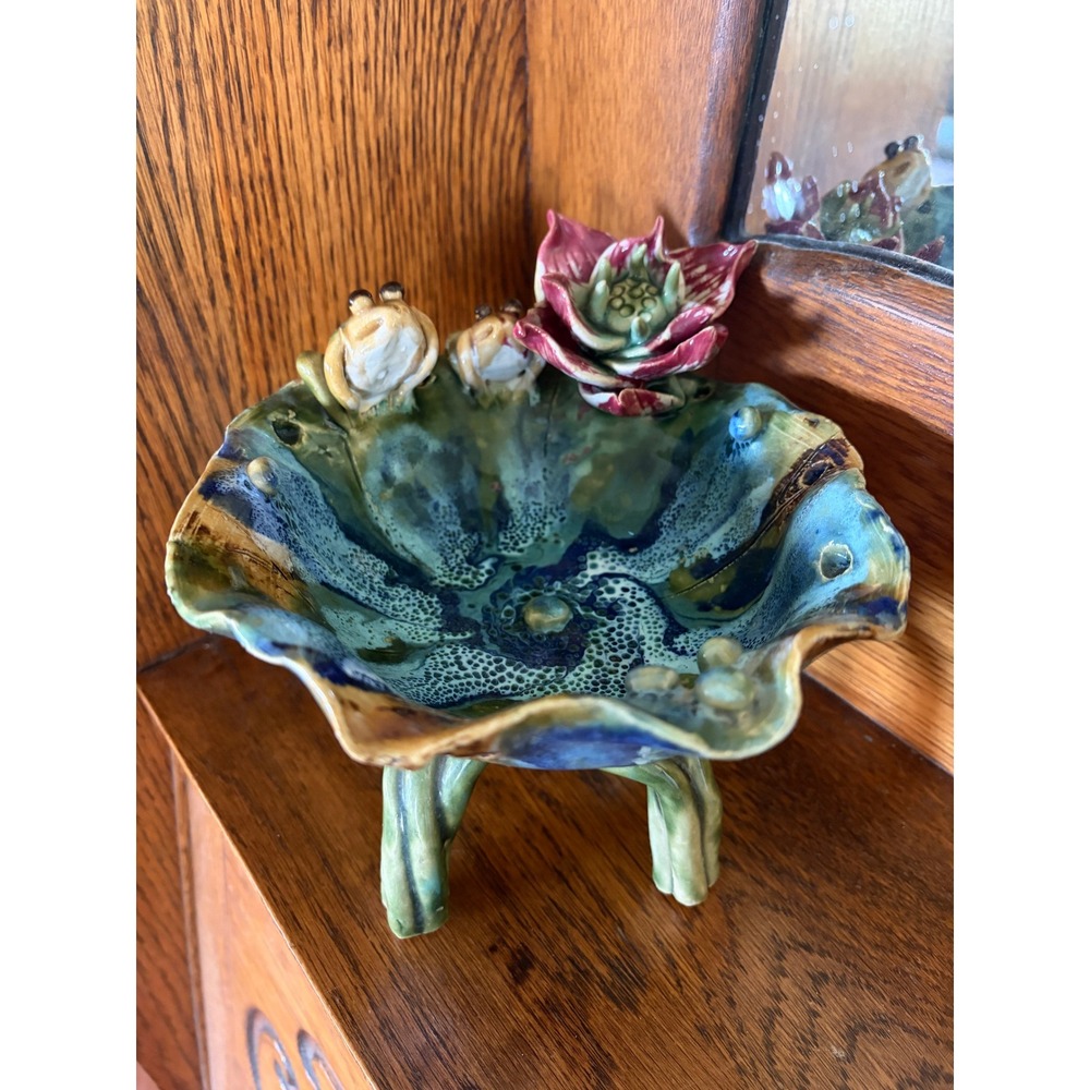Studio Pottery Lily Pad Frog Bowl Lotus Flower Ceramic Dish Blue Green